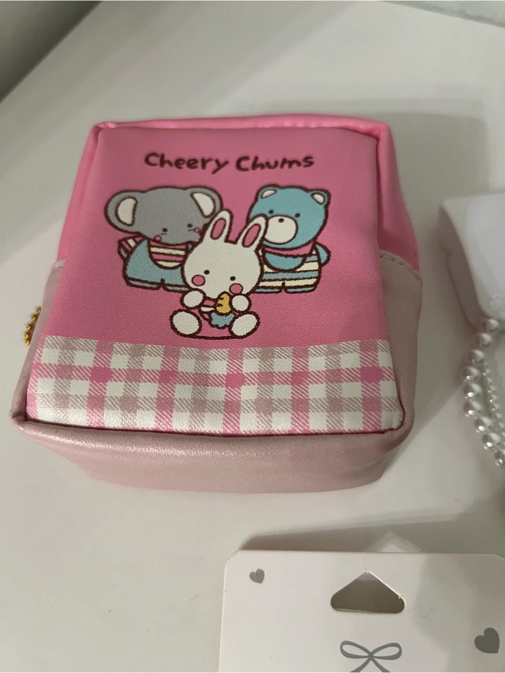 Icing Pink Cherry Charm Pouch with Pearl Necklace & Colorful Hair Clips
